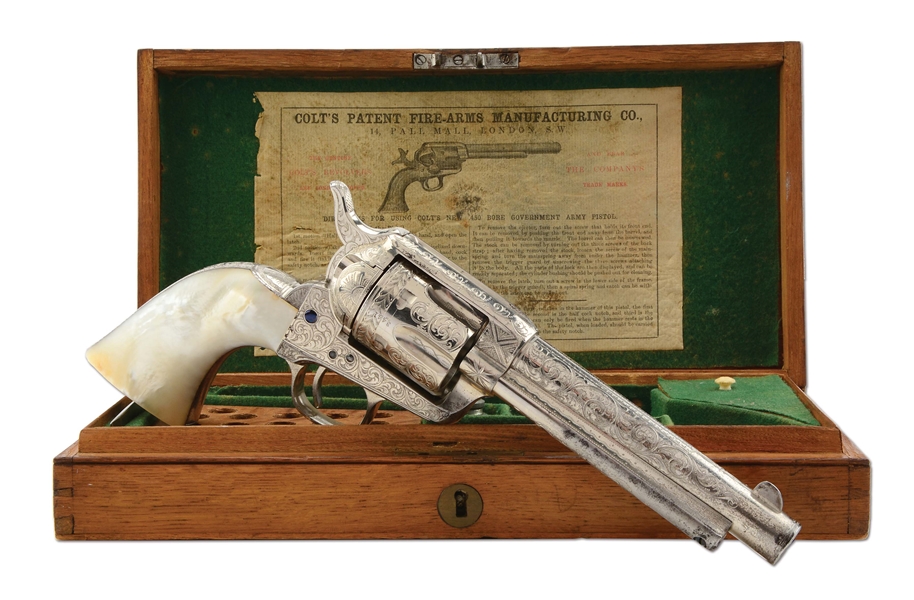 (A) SUPERB EXHIBITION QUALITY FACTORY ENGRAVED CASED NICKEL PLATED PEARL GRIPPED COLT SINGLE ACTION ARMY.
