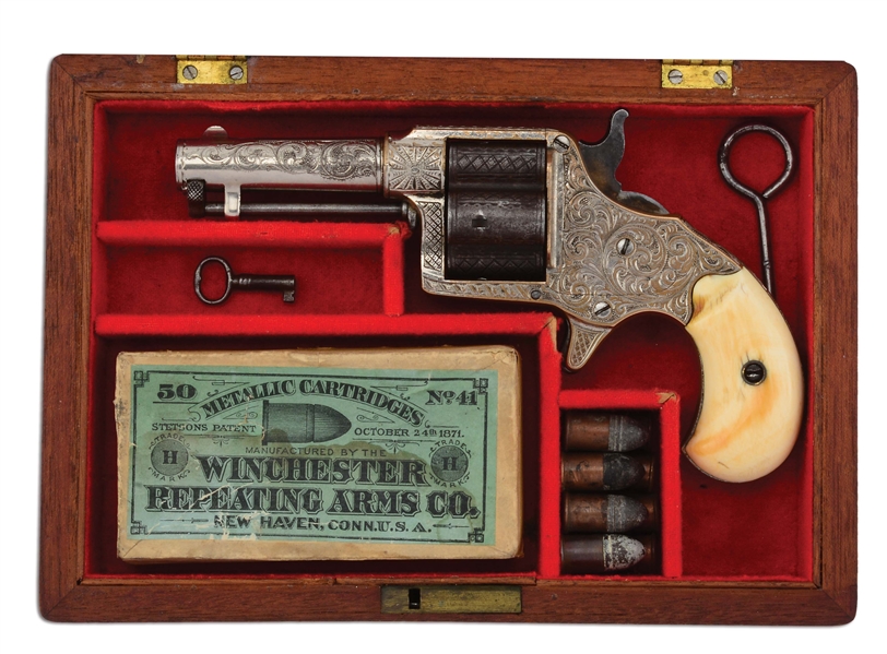 (A) CASED FINE & RARE COLT CLOVER LEAF .41 REVOLVER ELABORATELY ENGRAVED IN THE STYLE OF LOUIS D. NIMSCHKE.