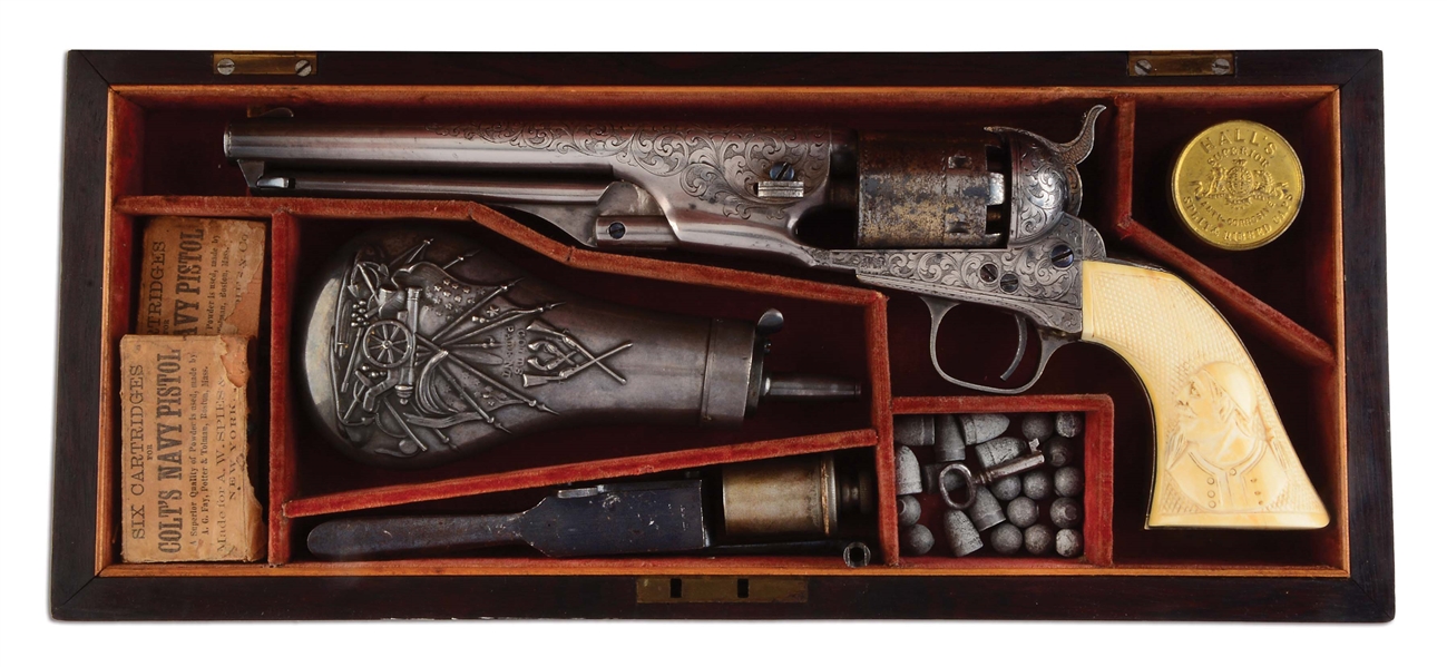 (A) HISTORIC SILVER PLATED AND GILDED CASED & FACTORY ENGRAVED COLT MODEL 1861 NAVY REVOLVER PRESENTED TO CAPTAIN GEORGE WASHBURN IN THE 133 NY VOLUNTEER INFANTRY WITH SWORD.