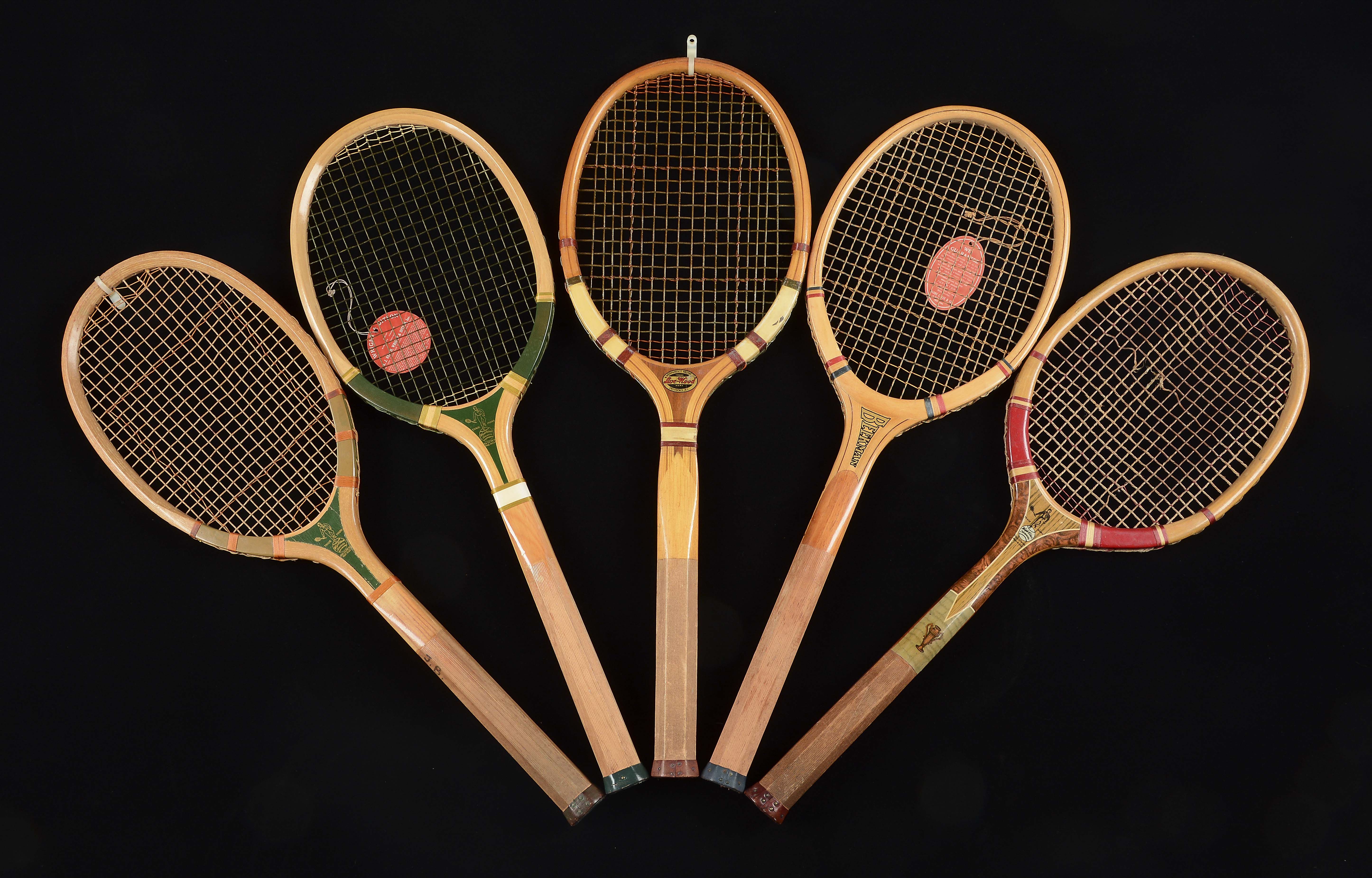 Cleanest Racket Tennis Lot Detail - LOT OF 5: EXCEPTIONALLY CLEAN ANTIQUE TENNIS RACKETS.