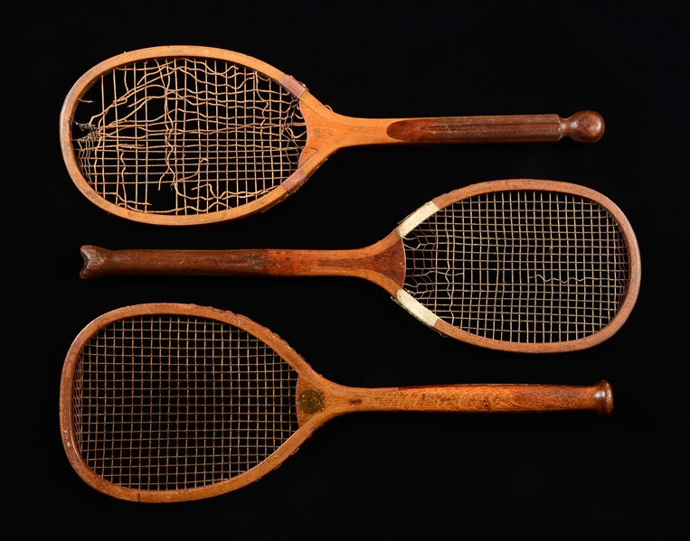 LOT OF 3: ANTIQUE TENNIS RACKETS WITH UNUSUAL KNOB BUTTS.