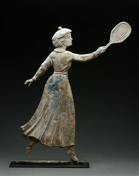 FINE MOLDED COPPER LADY TENNIS PLAYER WEATHERVANE.