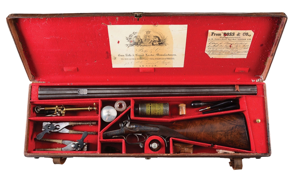 (A) INCREDIBLE HIGH CONDITION, AS FOUND, BOSS HAMMER DOUBLE RIFLE WITH ORIGINAL CASE AND ACCESSORIES, INCLUDING TWO MOLDS. 