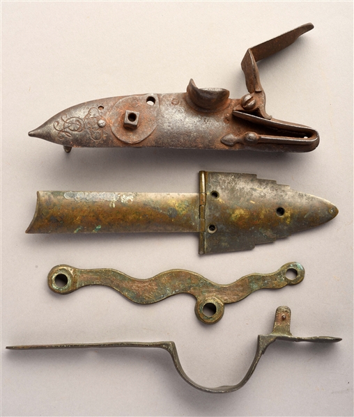 18TH CENTURY LOCK AND BRASS COMPONENTS.