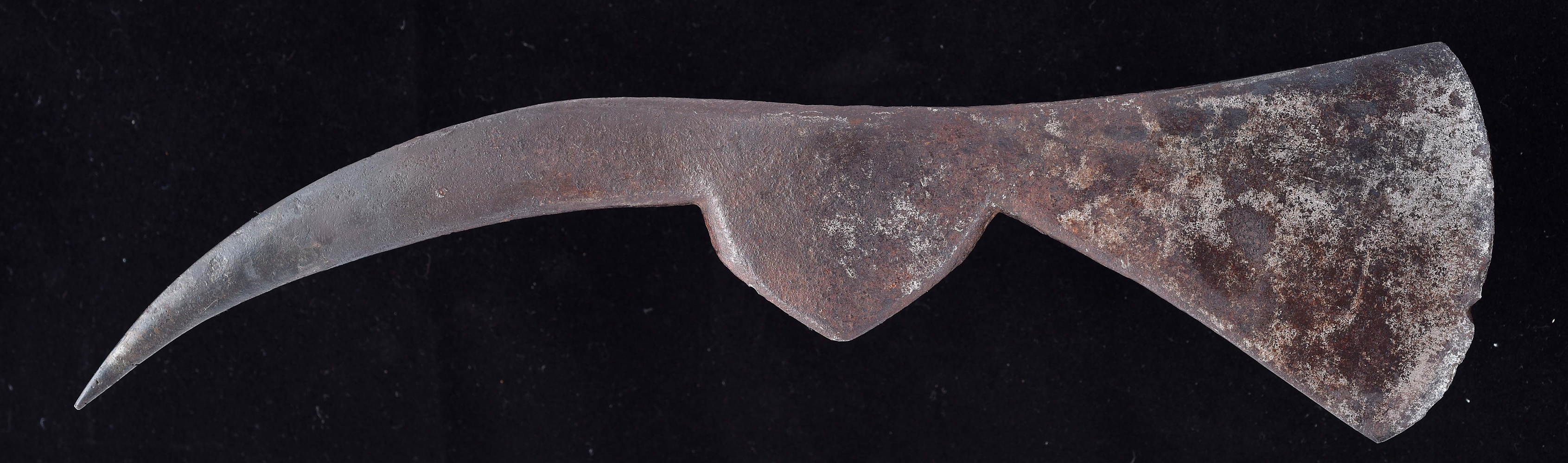 LARGE 18TH CENTURY SPIKE TOMAHAWK HEAD WITH FORT WILLIAM HENRY PROVENANCE.