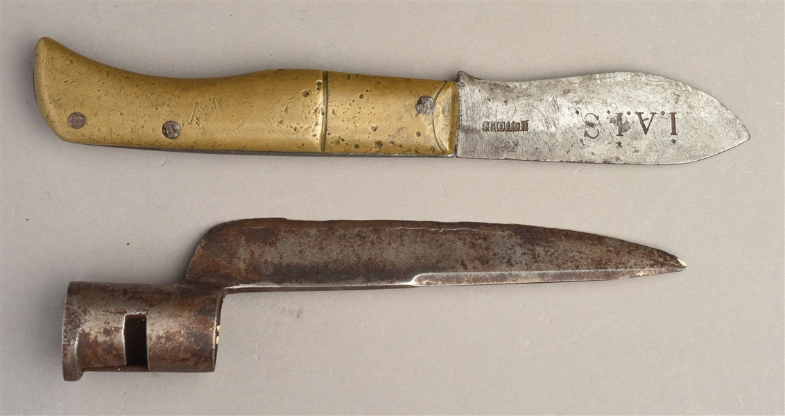 LOT OF 2: FUSIL BAYONET & SIGNED BRASS 18TH CENTURY FOLDING KNIFE.