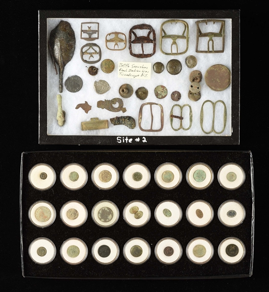 LARGE LOT OF DUG BUTTONS, COINS & RELICS FROM IMPORTANT 18TH CENTURY FORTS & SITES.