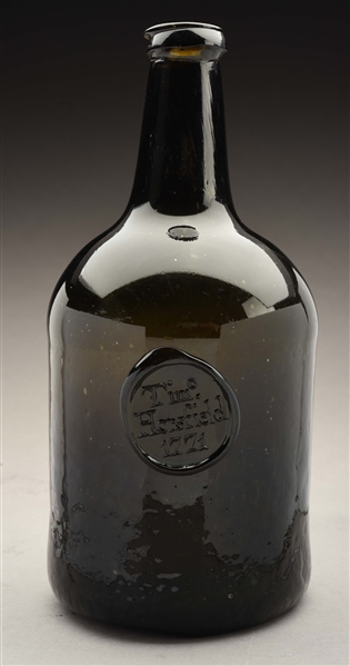 RARE 1771 DATED BLACK GLASS DECANTER WITH PERSONAL SEAL OF TIMOTHY HORSFIELD.