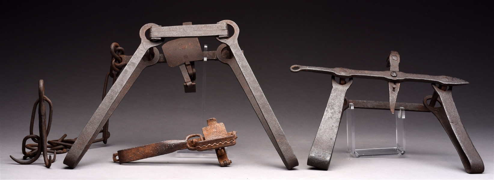 LOT OF 3 EARLY ANIMAL TRAPS:  ONE DATED 1755, ONE MARKED "GILPA", ANOTHER 18TH CENTURY.