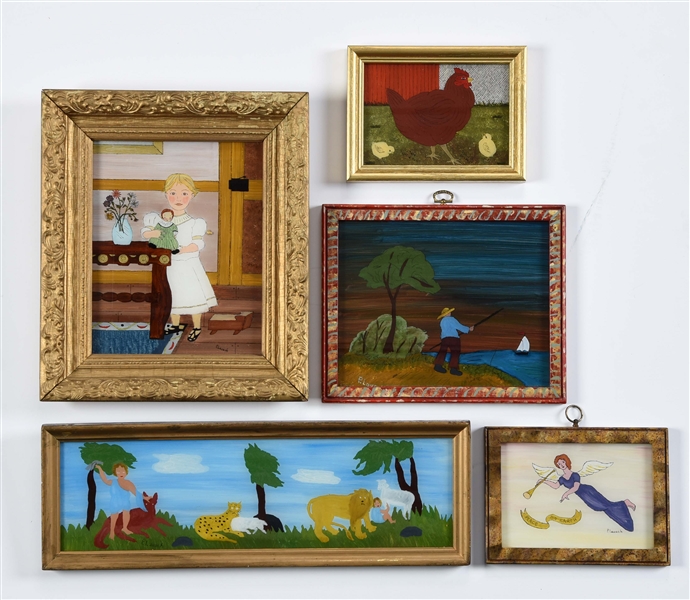 LOT OF 5: FRAMED REVERSE ON GLASS FOLK ART PAINTINGS BY PATRICIA LAUSCH.