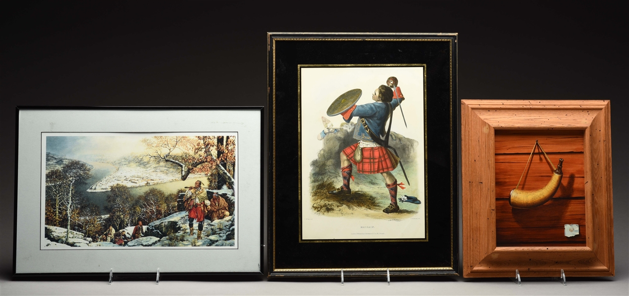 LOT OF 3: FRAMED HAND-COLORED HIGHLANDER LITHO, ORIGINAL PAINTING OF POWDER HORN BY JAMES BRIGGS, & ROBERT GRIFFING PRINT.