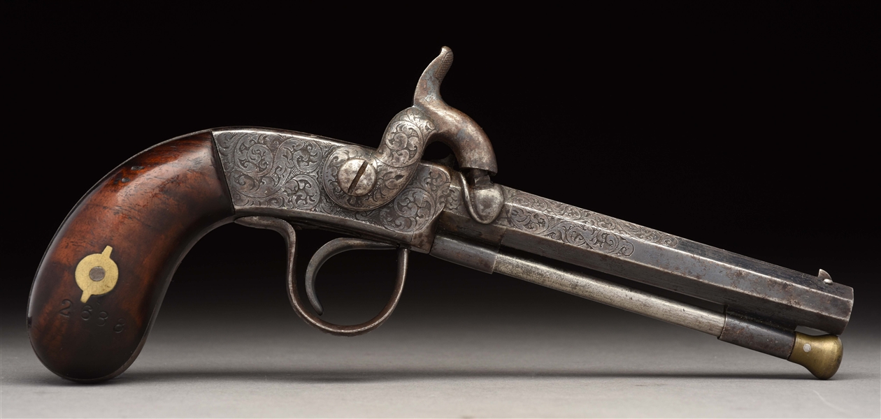 (A) ENGRAVED AMERICAN PERCUSSION PISTOL USED AT BATTLE OF PEACH TREE IN GEORGIA.