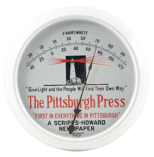 SCARCE PITTSBURGH PRESS PORCELAIN ADVERTISING THERMOMETER.