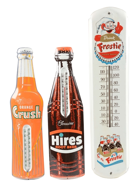LOT OF 3: ORANGE CRUSH, HIRES & FROSTIE ADVERTISING THERMOMETERS.