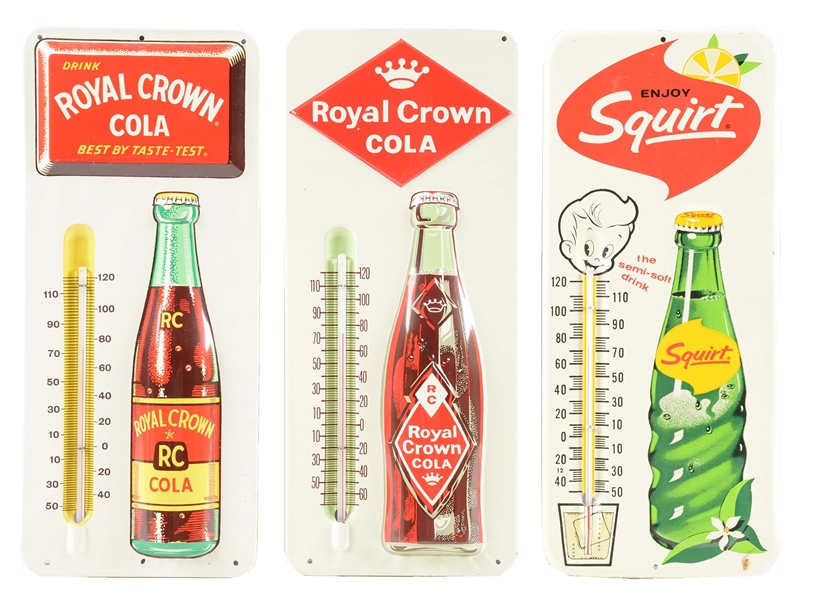 LOT OF 3: ROYAL CROWN & SQUIRT THERMOMETERS.