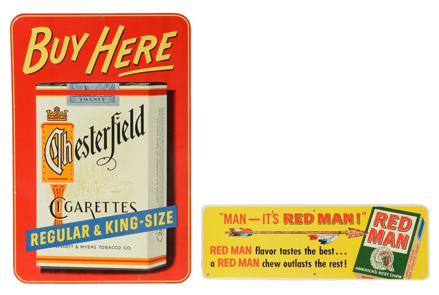 LOT OF 4: WORKMATE, VIKING, RED MAN AND CHESTERFIELD TOBACCO TIN SIGNS. 