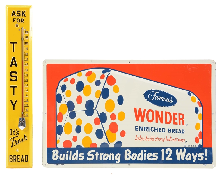 LOT OF 2: TASTY BREAD THERMOMETER & WONDER BREAD SIGN.