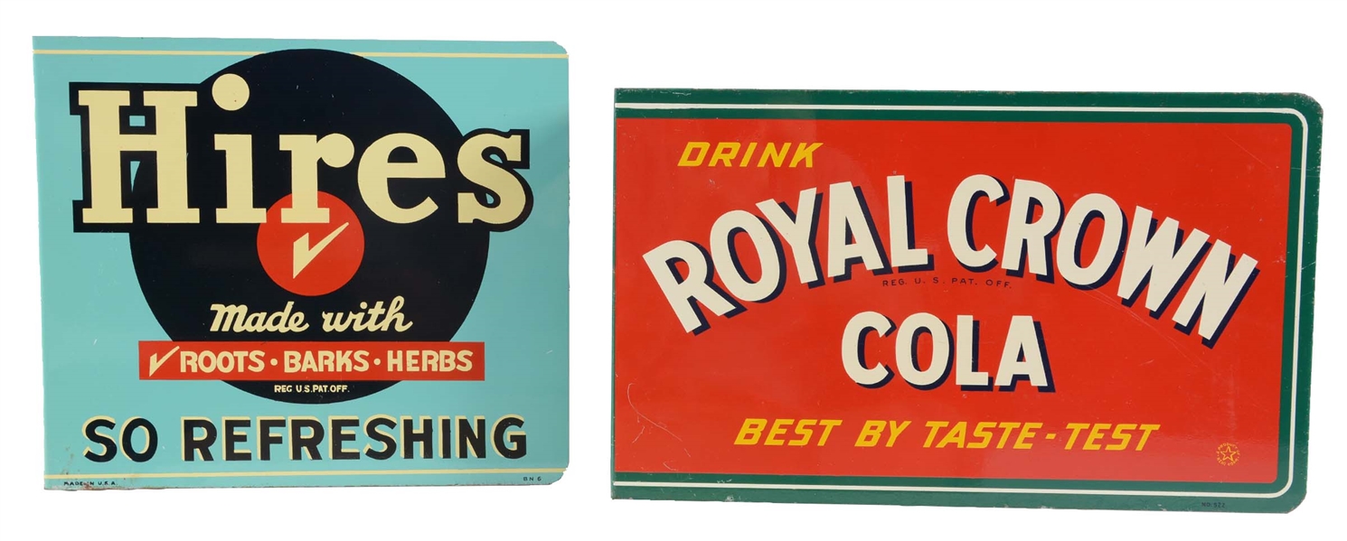 LOT OF 2: HIRES & ROYAL CROWN TIN FLANGE SIGNS. 