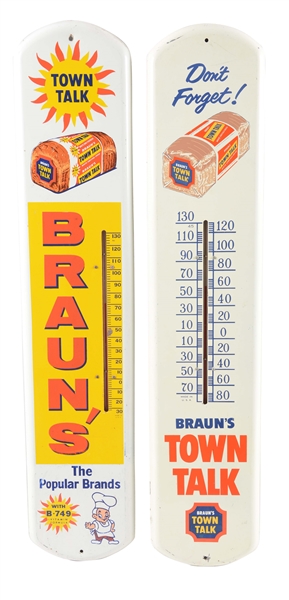 LOT OF 2: BRAUNS BREAD TIN ADVERTISING THERMOMETERS. 