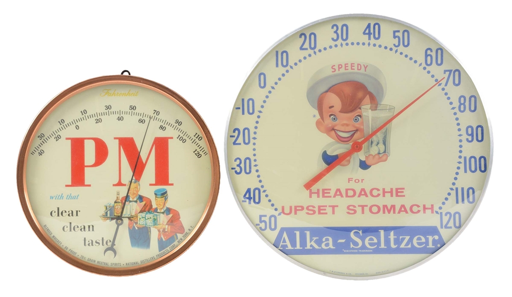 LOT OF 2: PM WHISKEY & ALKA SELTZER ADVERTISING THERMOMETERS. 