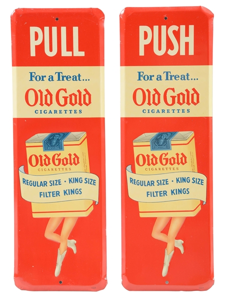 LOT OF 2: OLD GOLD CIGARETTES DOOR PUSH PULL SIGNS. 