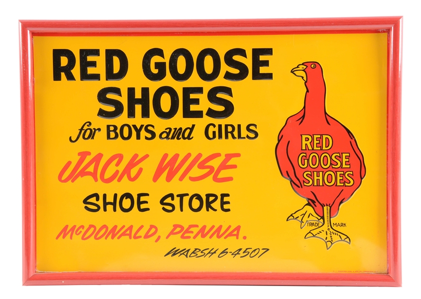 EMBOSSED TIN RED GOOSE SHOES ADVERTISING SIGN. 