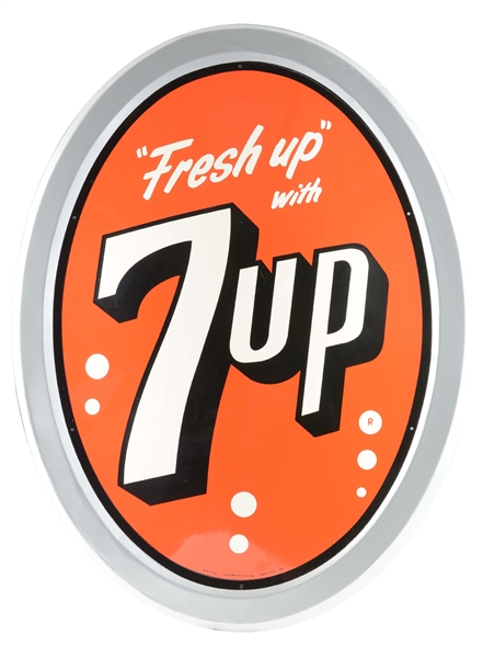 LARGE TIN OVAL 7-UP SIGN. 
