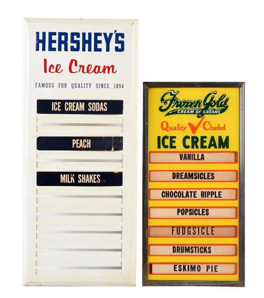 LOT OF 2: FROZEN GOLD AND HERSHEYS ICE CREAM SIGNS.