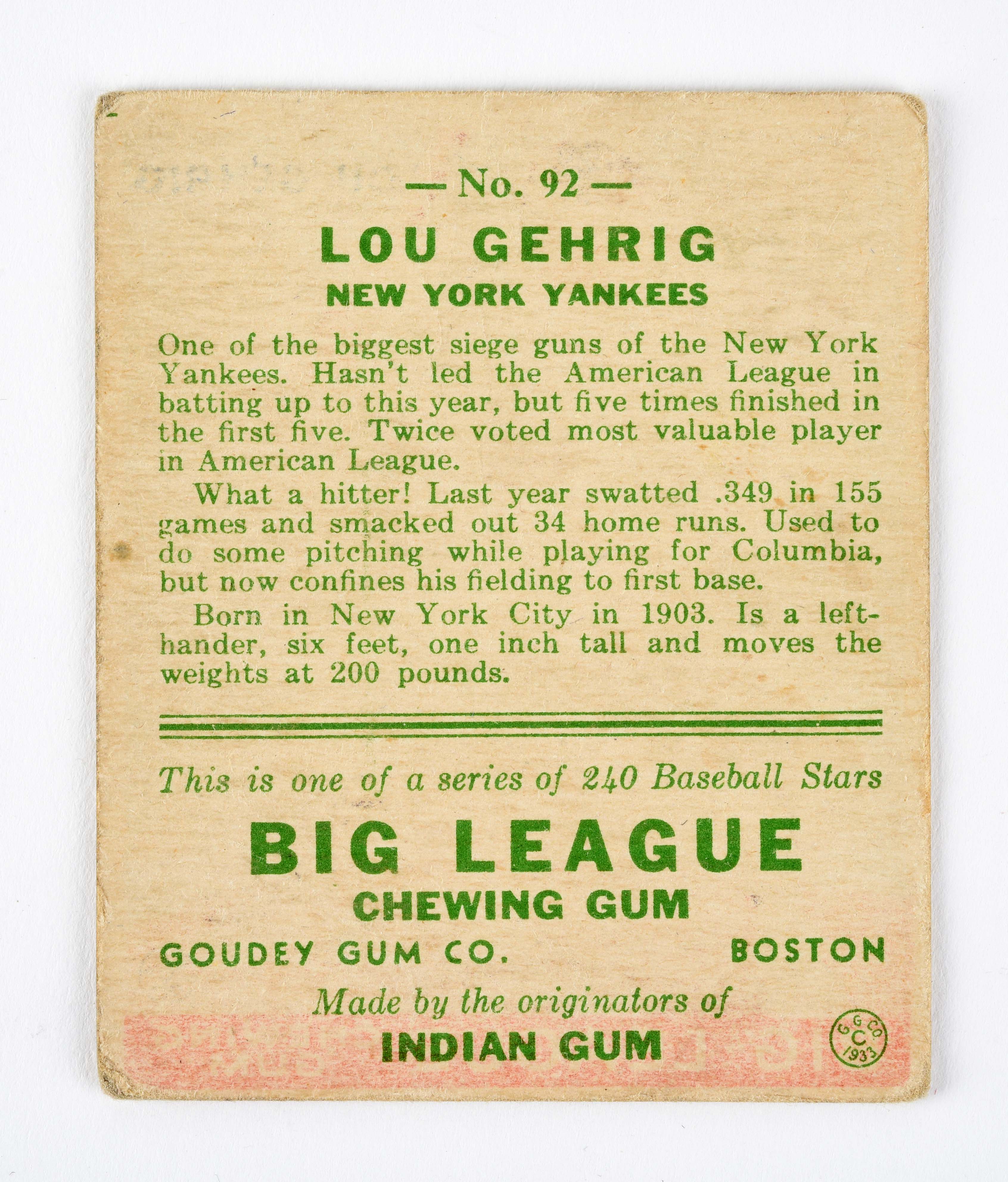 Lot Detail - 1933 NO. 92 GOUDEY LOU GEHRIG CARD NO. 92.