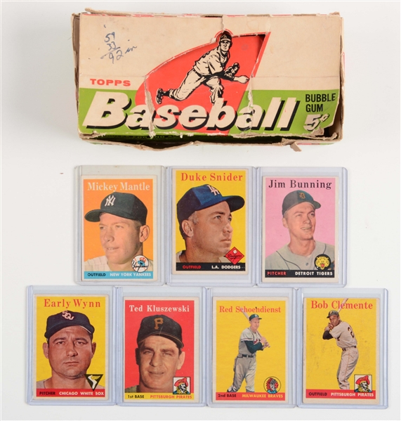 TOPPS 1958 EMPTY WAX BOX AND 50+ BASEBALL CARDS.