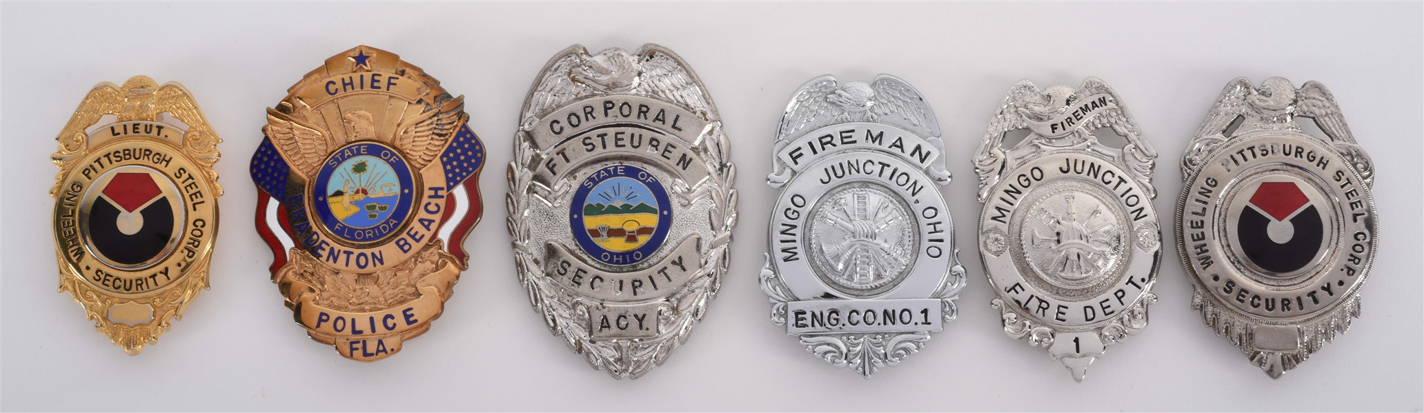 LOT OF 6: ASSORTED POLICE & FIRE DEPARTMENT METAL BADGES.