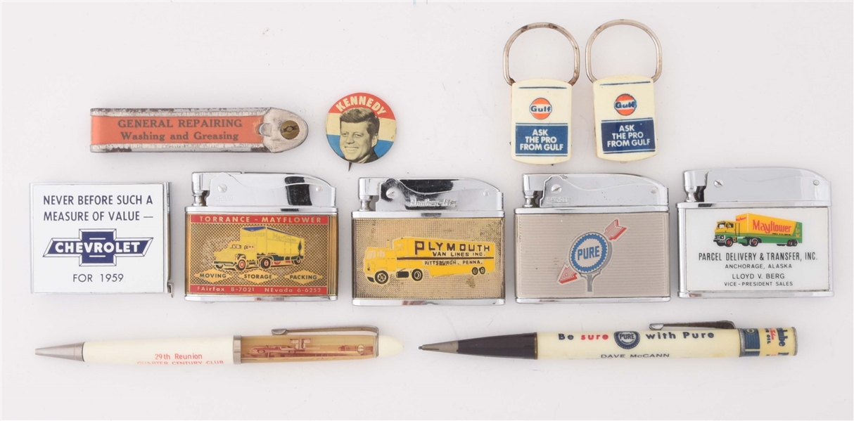 LOT OF 11: ADVERTISING LIGHTERS, KEY CHAINS, PENS & PINS.