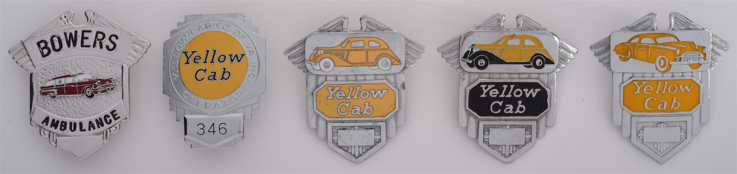 LOT OF 5: METAL BADGES FROM YELLOW CAB & BOWERS AMBULANCE.