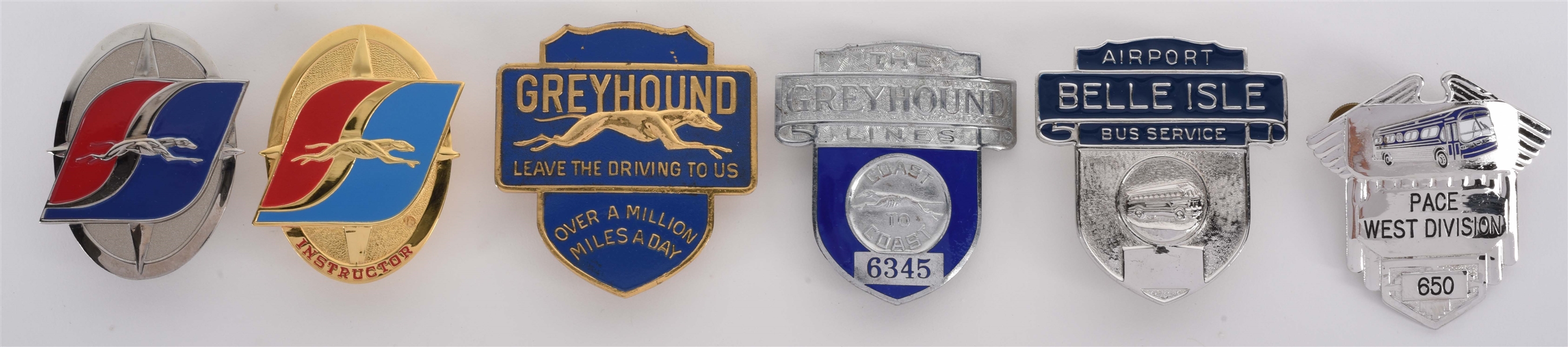 LOT OF 6: BUS LINE BADGES & EMBLEMS FROM GREYHOUND, PACE & BELLE ISLE.