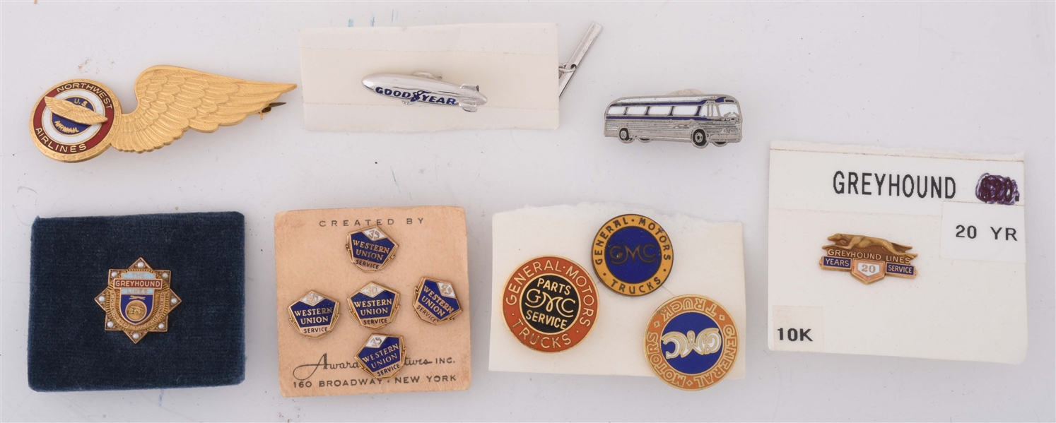 LOT OF 13: ASSORTED EMPLOYEE PINS FROM GMC, GREYHOUND, WESTERN UNION & NORTHWEST AIRLINES. 