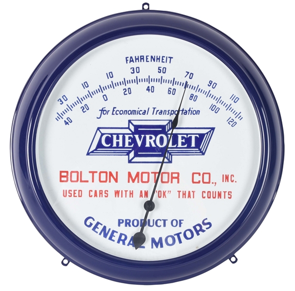 CHEVROLET PORCELAIN GLASS FACE THERMOMETER FOR BOLTON MOTOR CO. 