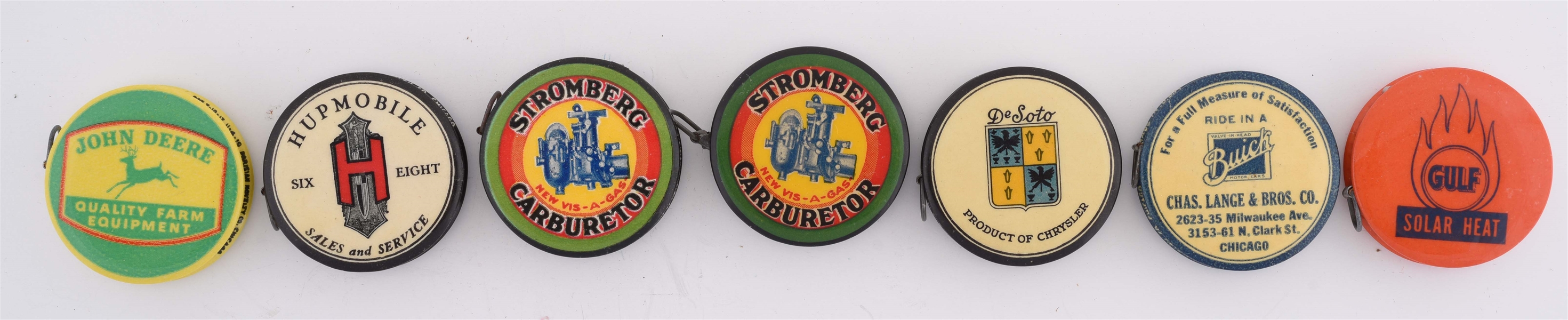 LOT OF 7: CELLULOID POCKET TAPE MEASURES FROM JOHN DEERE, GULF, STROMBERG CARBURETORS & OTHERS.