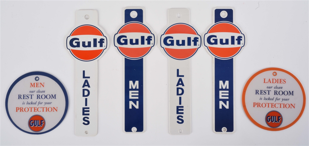 LOT OF 6: NOS GULF OIL REST ROOM KEY TAGS WITH ORIGINAL BOX.