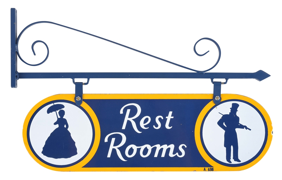 SUNOCO REST ROOM PORCELAIN SIGN WITH IRON HANGING BRACKET. 