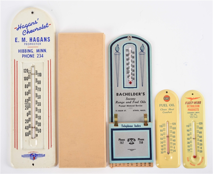 LOT OF 4: GAS & OIL TIN THERMOMETERS. 