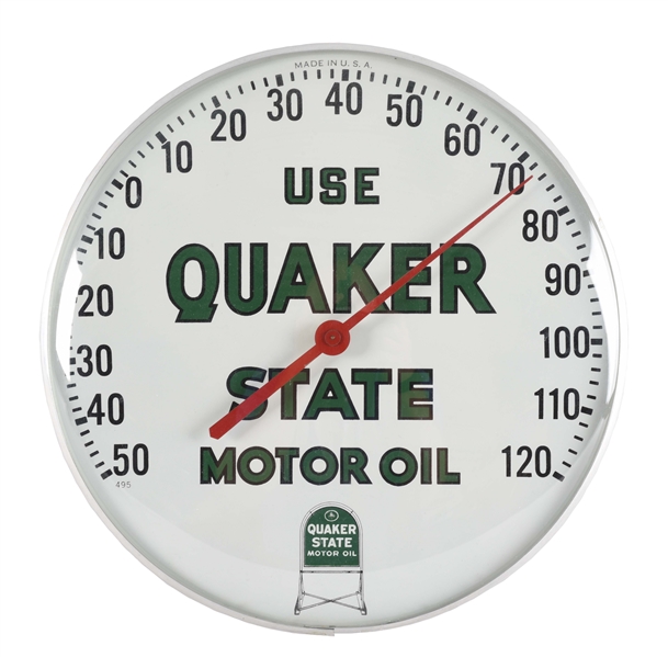 QUAKER STATE MOTOR OIL GLASS FACE THERMOMETER.