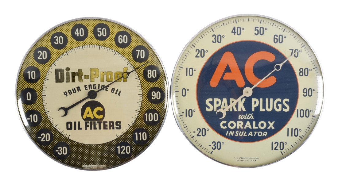 LOT OF 2: AC SPARK PLUGS & OIL FILTERS GLASS FACE THERMOMETERS.