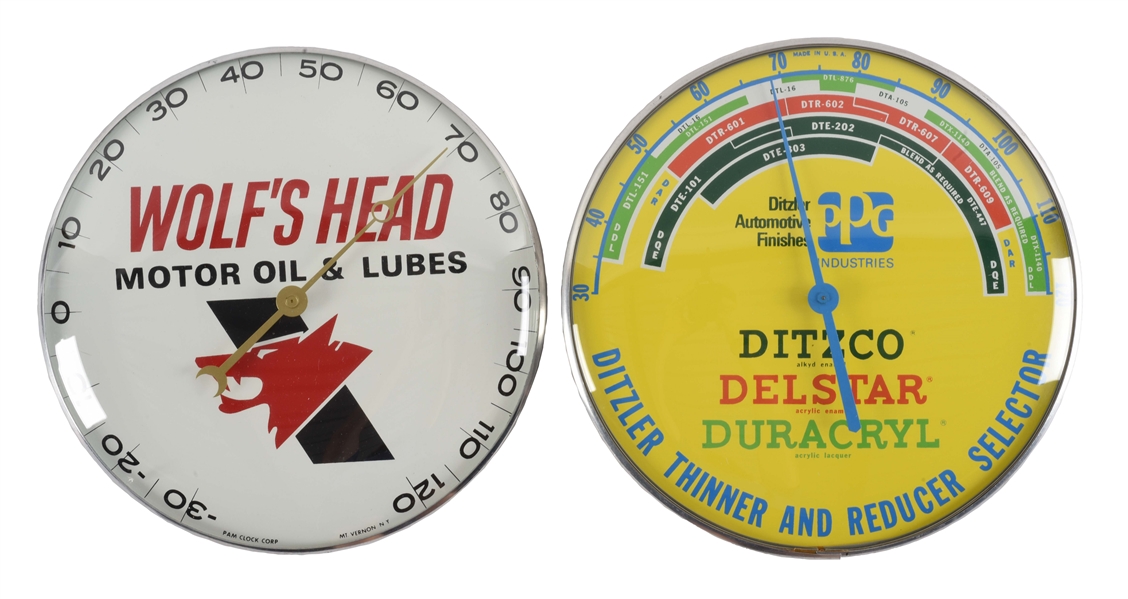 LOT OF 2: WOLFS HEAD MOTOR OIL & DITZLER GLASS FACE THERMOMETERS.