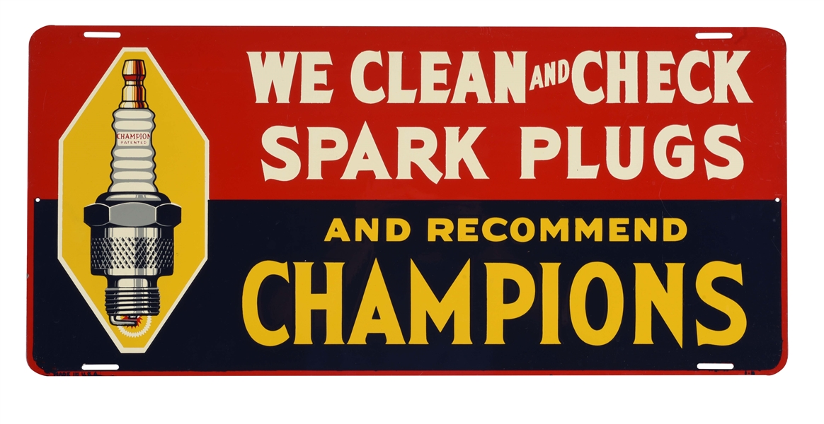 CHAMPION SPARK PLUGS TIN SIGN WITH SPARK PLUG GRAPHIC. 