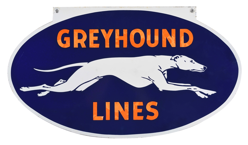 GREYHOUND BUS LINES PORCELAIN SIGN WITH GREYHOUND GRAPHIC. 