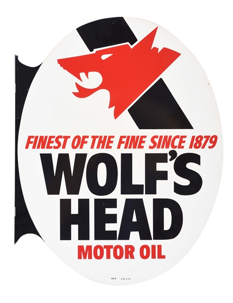 WOLFS HEAD MOTOR OIL NOS TIN FLANGE SIGN. 