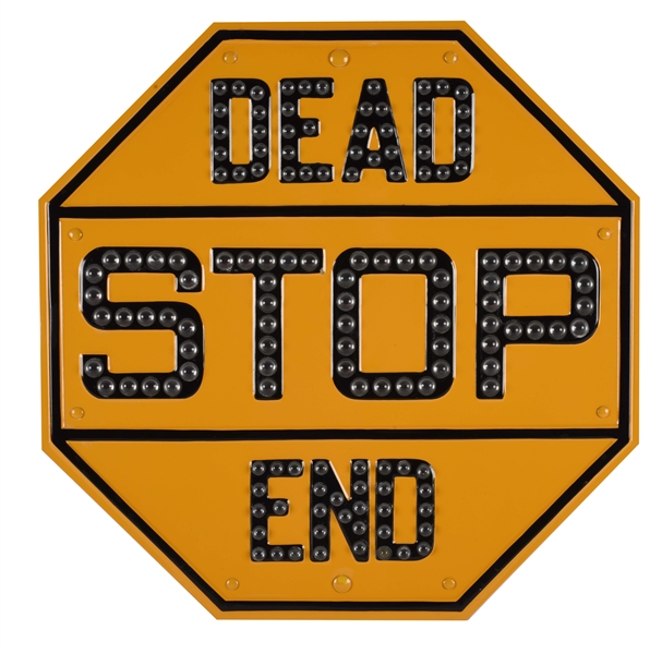 STOP DEAD END EMBOSSED METAL SIGN WITH GLASS REFLECTORS. 