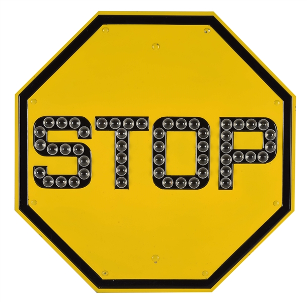 EMBOSSED STEEL STOP SIGN WITH CAT EYE GLASS REFLECTORS.  