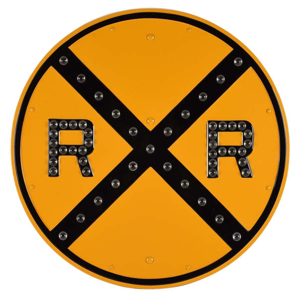 EMBOSSED STEEL RAIL ROAD CROSSING SIGN WITH GLASS CAT EYE REFLECTORS. 