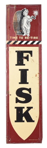 FISK TIRES EMBOSSED VERTICAL TIN SIGN WITH FISK BOY GRAPHIC. 